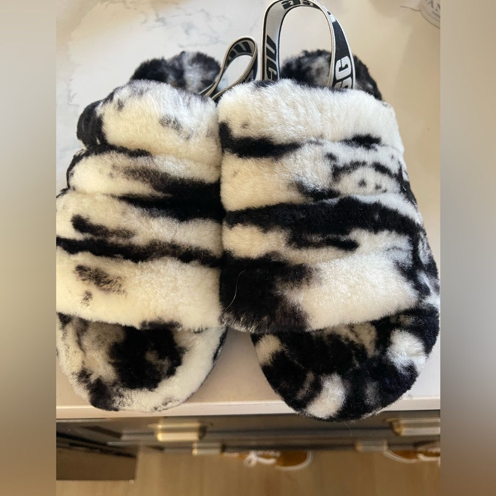 UGG Black and White Fluffy Slippers